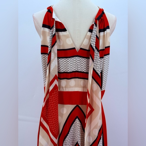 Eliza J Scarf Boho Halter Maxi Dress Red Beige Abstract Geometric Design Size 10 - Picture 11 of 17